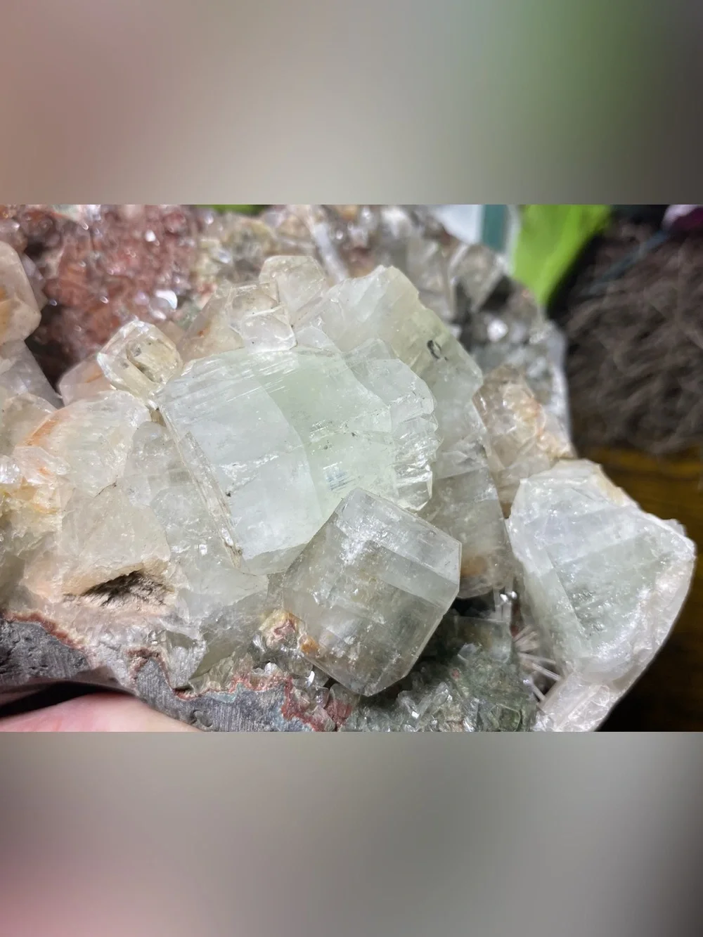 Green Apophyllite With Red Vanadinite On Matrix